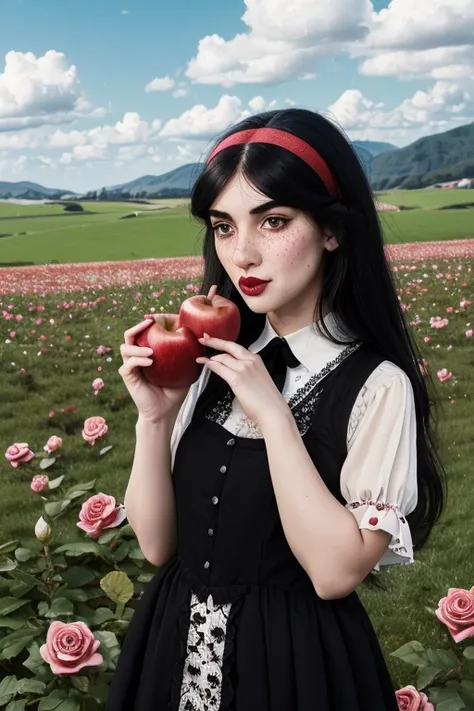 a woman with long flowing black hair, piercing eyes, a prominent unibrow, rosy cheeks, eating a juicy red apple, wearing a victo...