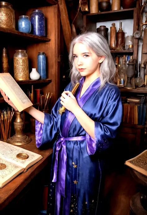 A cute young woman (gray haired) (mystical robes with intricate star designs) is in her workshop with many star observation tools and a huge tome of astrological signs before her
