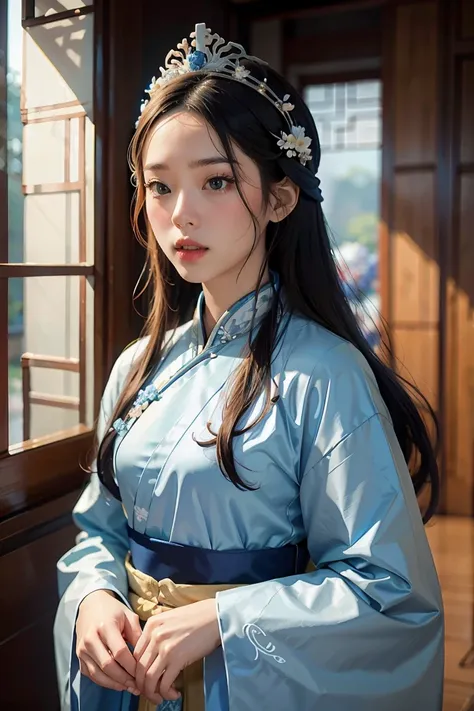 a woman in a blue and white dress with flowers in her hair, hanfu, palace, girl in hanfu, blue hanfu, white hanfu, wearing ancie...