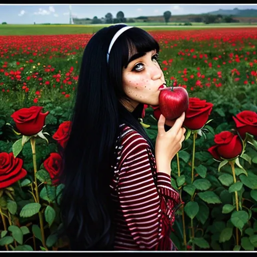 beautiful princess, highly detailed, brushstrokes, girl eating apple in field of roses, red, black, white, long black hair, bang...