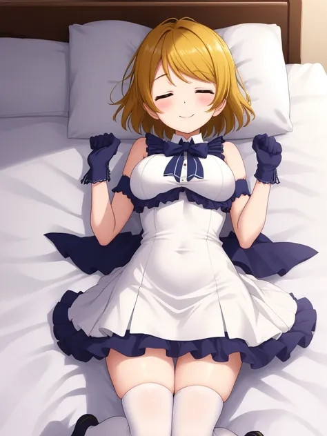 koizumi hanayo,white mini dress,  knee socks, elbow gloves、from above, on the bed, sleep,sleeping on your back, smile,blush,big ...