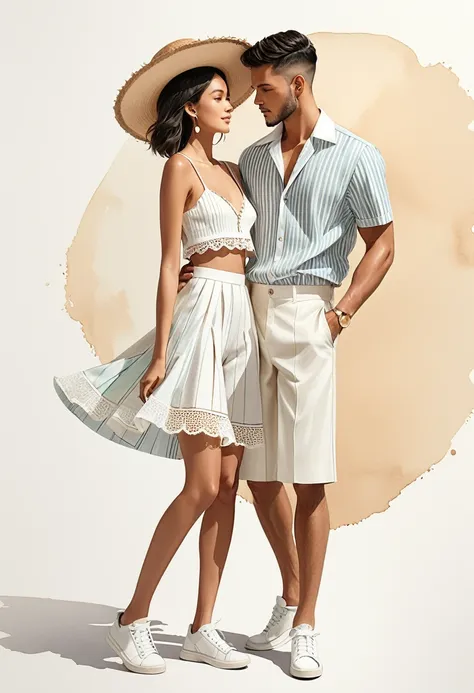 candid fashion illustration of young Mixed race man and woman, both aged 25 year old, ((showcase fashion look book in mixed pale Earth-tone outfits)), inspired by Jacquemuss resort collection 2022, in elegant young chic nautica style. The man wears an over...