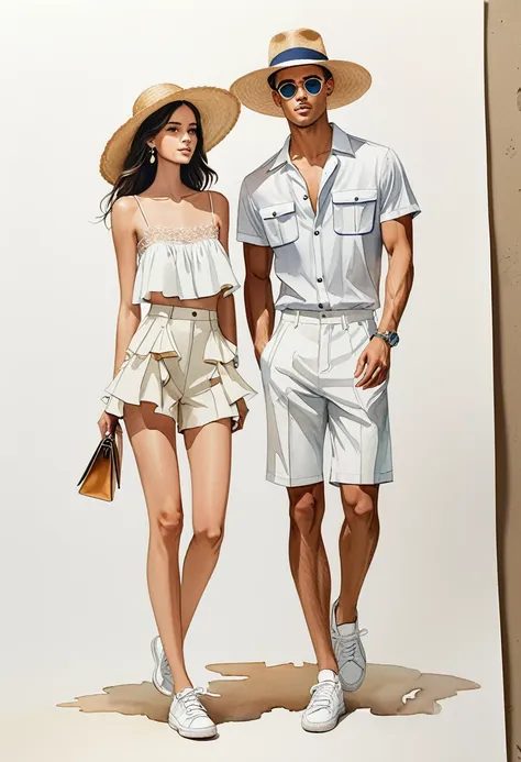 candid fashion illustration of young mixed race man and woman, both aged 25 year old, ((showcase fashion look book in mixed pale...