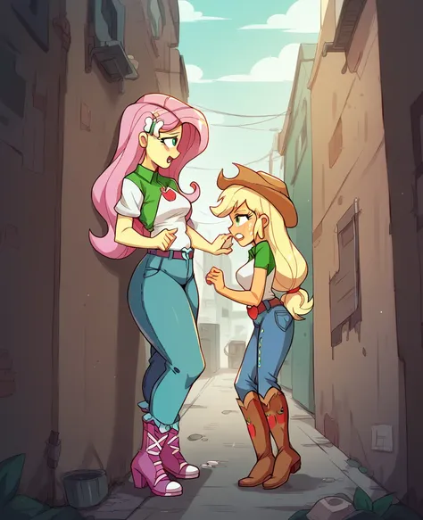 fluttershy from equestria girls half naked having sex with applejack in an alley