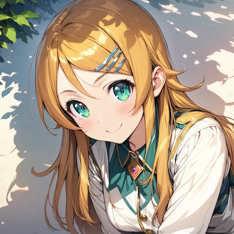 (masterpiece),(Highest quality),(Super detailed),(Best illustrations),(Best Shadow),(Absurd),(Detailed Background),(so beautiful), kirino kousaka, Blonde, Long Hair, Hair Clip, Green Eyes, bangs,  uniform, View your viewers, Upper Body, smile, Leaning forw...