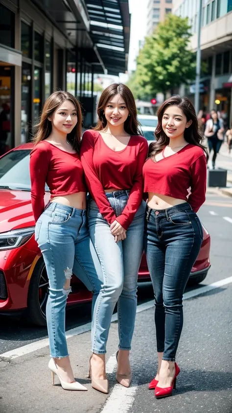 Four quadruplet sisters，Smiling fat woman  ((best quality)), ((masterpiece)), (detailed), Perfect face, Wearing a green loose sweatshirt and short skirt, The other was wearing a red loose plaid shirt and jeans, Thin waist and thick hips,  Soft curves, hype...