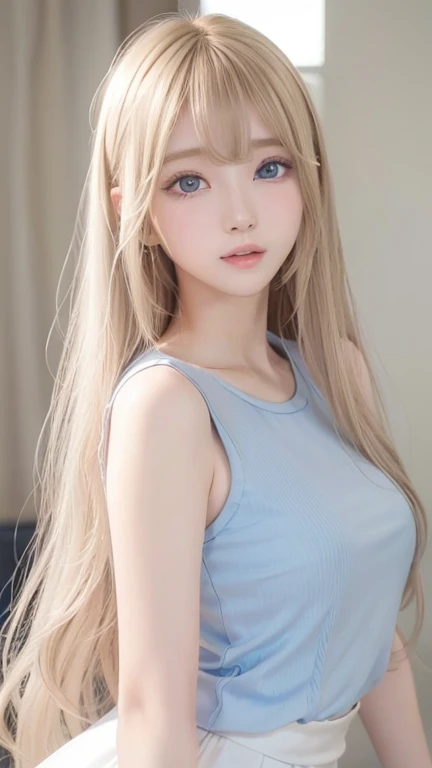 golden shiny hair、super long straight silky hair、dazzling blonde super long silky hair、16 years old cute little beautiful face、a...