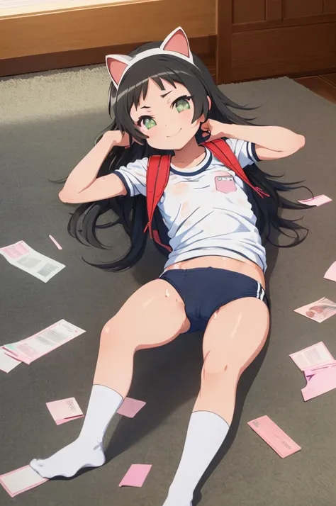 masterpiece, ultra quality, ultra sharp, ultra detailed, 1girl, solo, (good anatomy), haduki kurumi, (tattered torn dripping wet white gym shirt), navy gym pants, animal ears, randoseru, name tag, Japanese anime pose, laugh, BurumaShorts, Buruma, Gym Unifo...