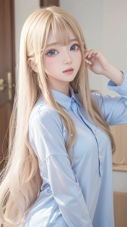 Golden shiny hair、Super long straight silky hair、Dazzling blonde super long silky hair、16 years old cute little beautiful face、A beautiful girl、Sparkling blonde dancing in front of a pretty face、Long, silky bangs that cover the space between the eyes、Very ...