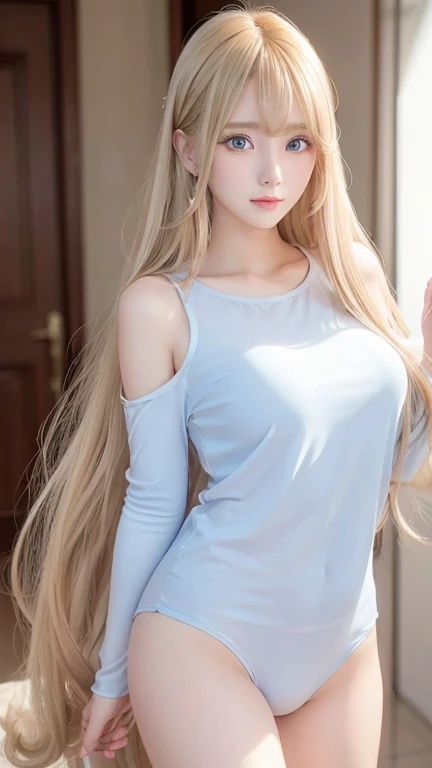 Golden shiny hair、Super long straight silky hair、Dazzling blonde super long silky hair、16 years old cute little beautiful face、A beautiful girl、Sparkling blonde dancing in front of a pretty face、Long, silky bangs that cover the space between the eyes、Very ...