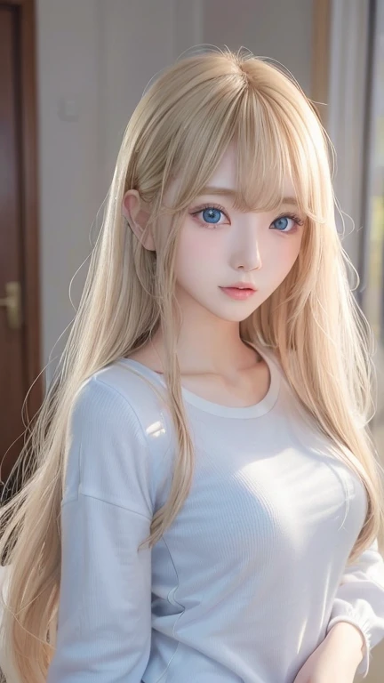 Golden shiny hair、Super long straight silky hair、Dazzling blonde super long silky hair、16 years old cute little beautiful face、A beautiful girl、Sparkling blonde dancing in front of a pretty face、Long, silky bangs that cover the space between the eyes、Very ...