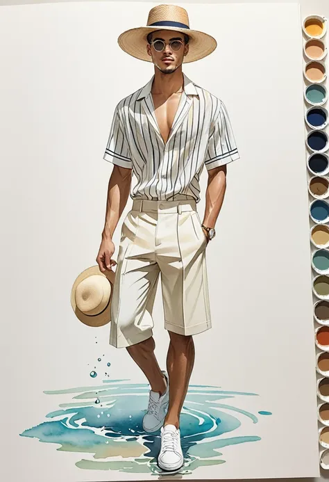 candid fashion illustration of young mixed race 2man, both aged 23 year old, ((showcase fashion look book in mixed pale earth-to...