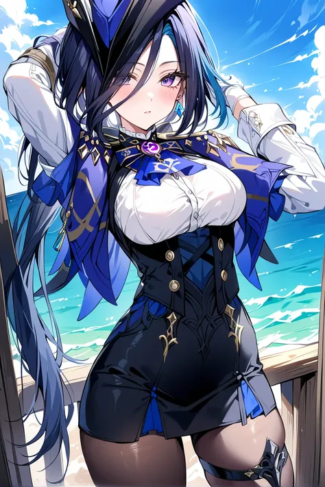 anime girl with blue hair and black outfit posing on a pier