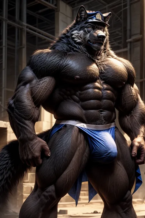 male, black wolf, (furry body,) black body, high quality, realistic, muscular, massive, furry, masterpiece, covered semen, (full nude, only see through jock strap, only police hat, erection under cloth, big bulge, cum through cloth, cum huge semen, ) 