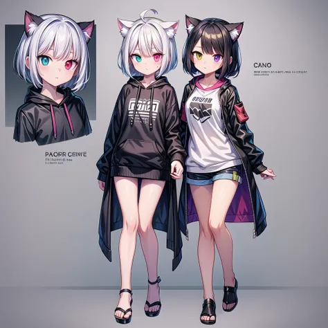 A white short-haired cat-ear girl, Heterochromia，Scars on the face，，Wide sweatshirt，Girls Frontline style, Devil anime girl, Fleet Collection Style, Anime style, Anime character design, , Fashion Design,  Anime full body illustration, Popular on artstation...