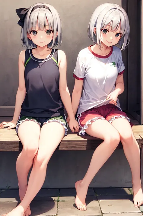 (((((whole body)))))、youmu, very cute gym clothes 、smile,、sitting cross-legged、barefoot、(bloomers)