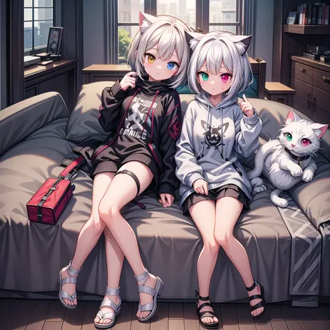 A white short-haired cat-ear girl, Heterochromia，Scars on the face，，Wide sweatshirt，Girls Frontline style, Devil anime girl, Fleet Collection Style, Anime style, Anime character design, , Fashion Design, Anime full body illustration, Popular on artstation ...