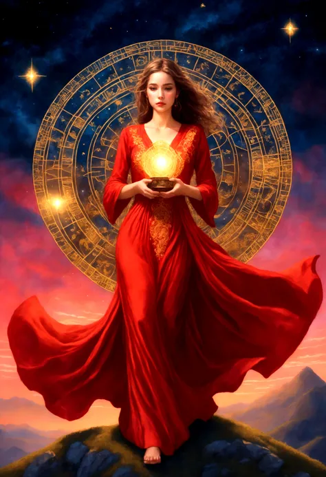 A woman in a love themed red dress with loads of intricate gold love embroidery, carrying a tome, on a hill top, two astrological sign light up brightly in the skies with the connective lines, night