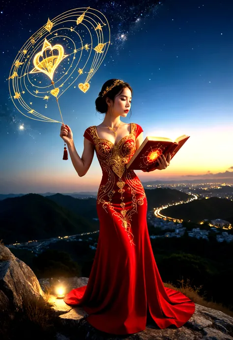 A woman in a love themed red dress with loads of intricate gold love embroidery, carrying a tome, on a hill top, two astrological sign light up brightly in the skies with the connective lines, night