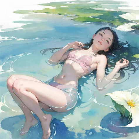 Tranquil voyager girl, in watercolor style, Photorealism, discreet pink and mint shades, barefoot