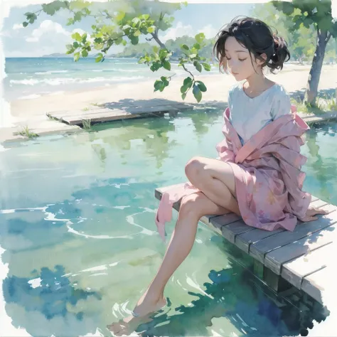 Tranquil voyager girl, in watercolor style, Photorealism, discreet pink and mint shades, barefoot