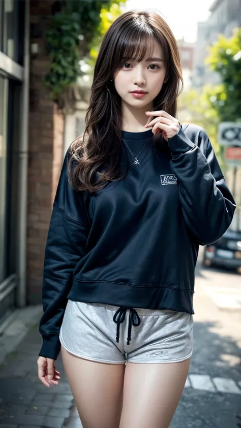 Innocent 16 year old girl、((Random color oversized sweatshirt,random shorts,Reduce visible area of shorts,dramatic pose)),cute face,bright eyes,tear bag,shortcut,Cafe background,RAW photo, (8K、highest quality、masterpiece:1.2)、(intricate details:1.4)、(reali...