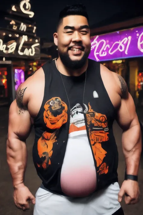 A beefy bearded Asian badboys man with a more bigger body size, big pregnancy belly, pumped chest, tribal art style tattoos, authoritative and protective expression, hugging from behind, worshiping and squeezing his chest, wearing a rapper outfit with pira...