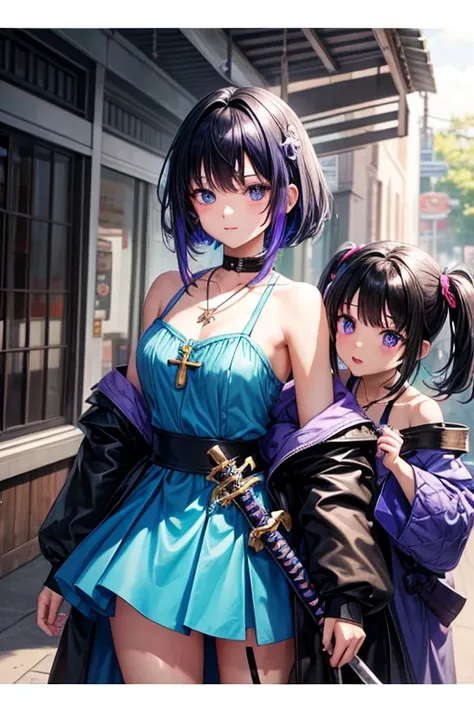 triplet has with vivid blue dress on black hair blue highlights hair is above shoulder height another triplet has a white dress short black hair other triplet has purple dress short black purple hair,, battle armor golden armor, little clothing,Anime girls...