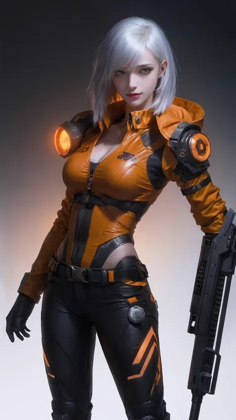 1girl,solo,realistic,cyberpunk, cyborg, halloween,  jack-o'-lantern, mechanical_arms, orange_jacket, without pants， orange_shirt...