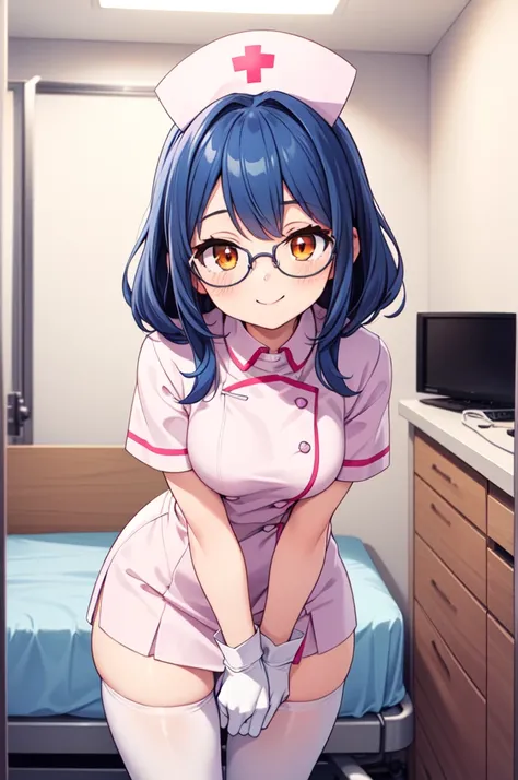 1girl, solo, nurse, nurse cap, white nurse uniform, ((white legwear, zettai ryouiki)), white gloves, glasses, blue hair, orange ...