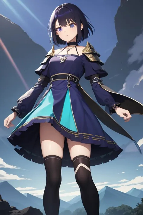 triplet has with vivid blue dress on black hair blue highlights hair is above shoulder height another triplet has a white dress short black hair other triplet has purple dress short black purple hair,, battle armor golden armor, little clothing,Anime girls...