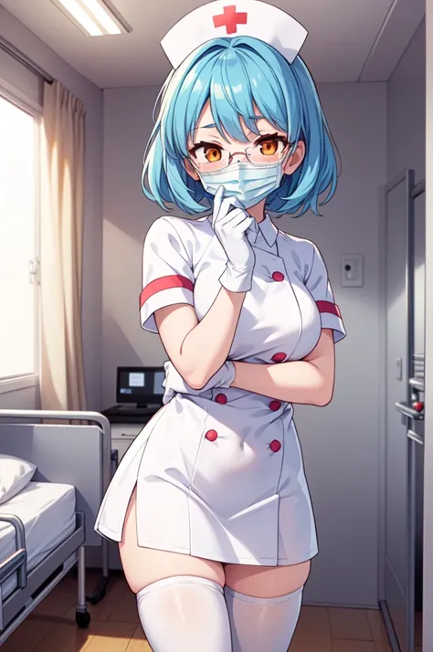 1girl, solo, nurse, nurse cap, white nurse uniform, ((white legwear, zettai ryouiki)), white gloves, glasses, blue hair, orange ...