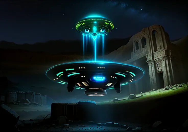 a magical ancient ufo, ufo alchemy, extraterrestrial technology, glowing ufo, advanced alien spacecraft, mysterious ancient artifact, ufo hovering over ancient ruins, ufo abduction, ufo sighting, glowing blue ufo, intricate ufo design, ufo in night sky, uf...