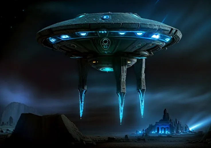 a magical ancient ufo, ufo alchemy, extraterrestrial technology, glowing ufo, advanced alien spacecraft, mysterious ancient artifact, ufo hovering over ancient ruins, ufo abduction, ufo sighting, glowing blue ufo, intricate ufo design, ufo in night sky, uf...