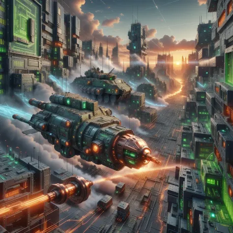 circuit technology ,science fiction, cable, cmos circuit, copper ,
 battle tanks, in the city,sunset， epic war scenes