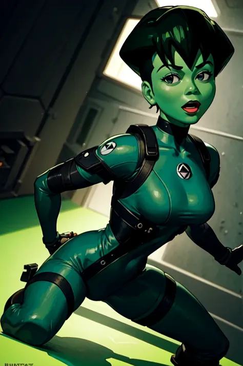 ultra detailed, masterpiece, best quality, solo, 
 d0tmatrix, green skin, green hair, tactical clothes, black bodysuit,