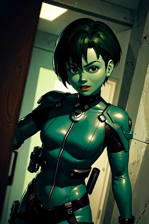 ultra detailed, masterpiece, best quality, solo, 
 D0tMatrix, green skin, green hair, tactical clothes, black bodysuit,