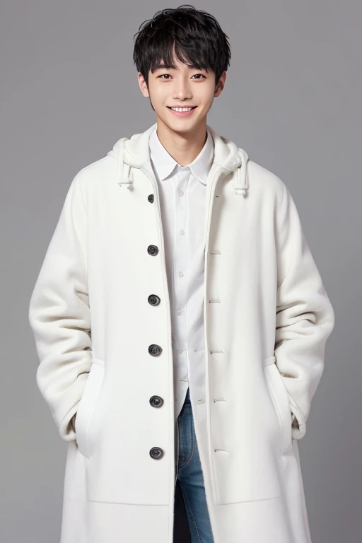 male,simple background ,Short Hair,Black Hair,1 man,20-year-old,open eyes,japanese,standing attention,smile face,(he is wearing white coat:1.3),