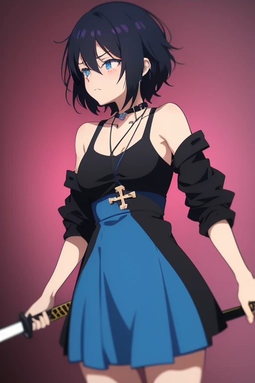 young,Anime girl carrying katana, anime, short black hair with neon blue highlights, hair is above shoulder height, smooth beautiful, 4k, anime art, pendant on hair, cross t necklace, vivid blue dress, holding slain friend ,crying, little clothing,