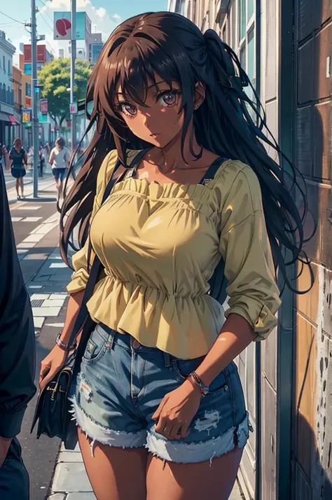 mio naruse, a black woman with dark eyes with dark brown box braids in denim shorts and a green blouse in a square