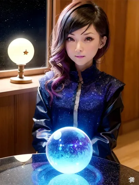 1 Girl, solo, (astrologer), 
mysterious, Fantasy, 
Dark eyeshadow, Star shaped glitter, Sparkling Highlights, Rich Lip Color, Smokey Eye, mysteriousなアイライナー, 
Crystal ball on table, The night view outside the window,
astrologerがクリスタルボールに手をかざして未来を覗いている,
Ligh...