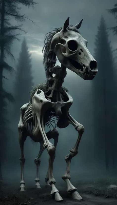 skeleton horse made from bones, mane,forest,coming running,dark and gloomy,zkeleton donmn1ghtm4rexl gregory crewdson style page