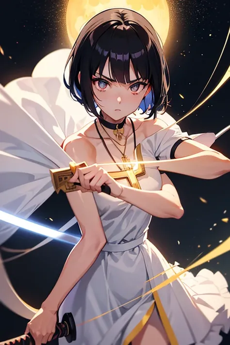 Anime girl holding sword katana white dress holding a sword, anime, short black hair with neon highlights, hair is above shoulder height smooth beautiful, ready to attack, one hand on sword, background of moon 4k, anime art, pendant on hair, cross t neckla...