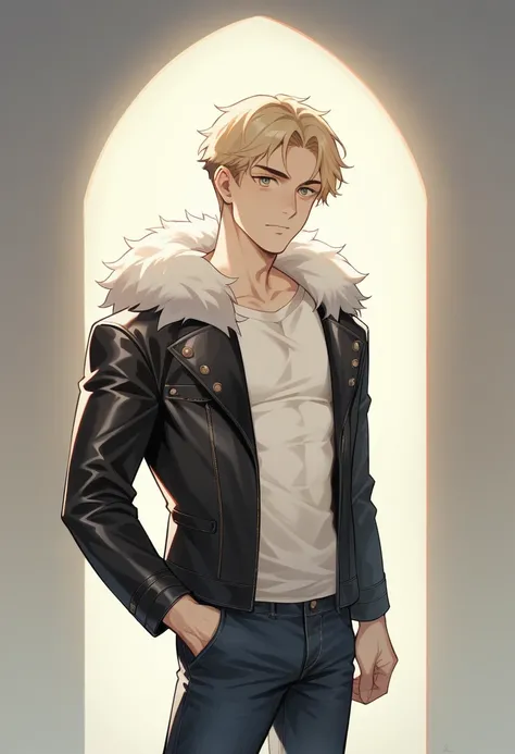 One boy, re4leonのカウボーイショット, Leather jacket with fur trim,  Long sleeve, Black jeans, Volumetric lighting, Athletic ability, Highest quality, masterpiece, Intricate details, Tone Mapping, Sharp focus, Super detailed, Trending on Art Station, View your viewe...