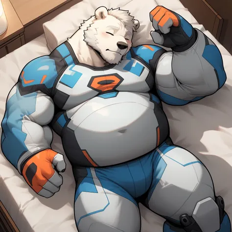 masterpiece, best quality, 8k resolution, Very detailed, hairy，(((polar bear))，(((Mature)))，(((beard))),(((fat)))，(((White hair all over body)))，(((portrait)))，(((White hair)))，(((Lying))),(((coma)))，(((Close your eyes)))，Highest quality scene，(((Hip bulge...