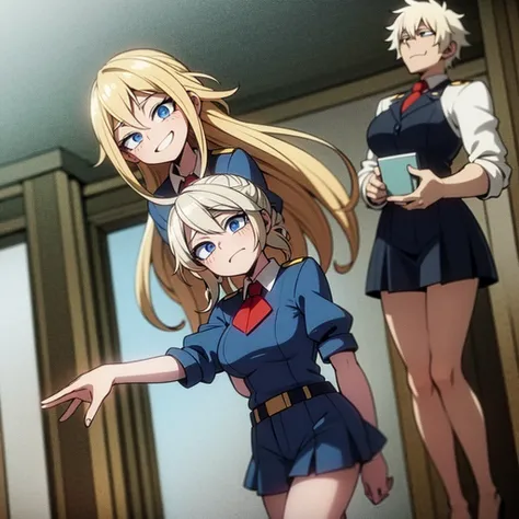 Anime My hero academia, blonde girl, phosphorescent blue eye color, uniform of the U. A