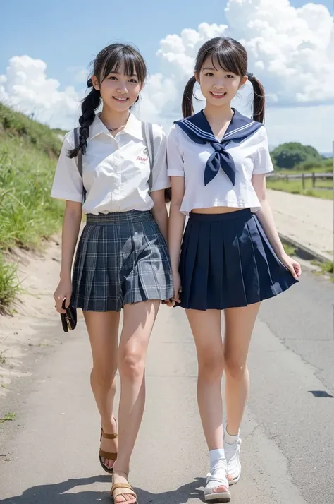 2 girls walking in rural beach,cumulonimbus cloud in summer sky,short-sleeved sailor shirt,navy blue pleated micro mini skirt,white thong,18-year-old,bangs,a little smile,thighs,knees,short hair with low pigtails bunches,from below,front light