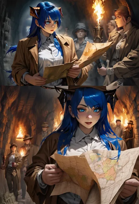 ((adult)), (woman), ((tall)), ((Mostima from arknights)) , masterpiece, best quality, ((Bluer hair long)), horns, plain white shirt, brown coat, holding a map and a fire torch, indiana jones outfit, hat, (looking at map), realistic anime style, inside of a...