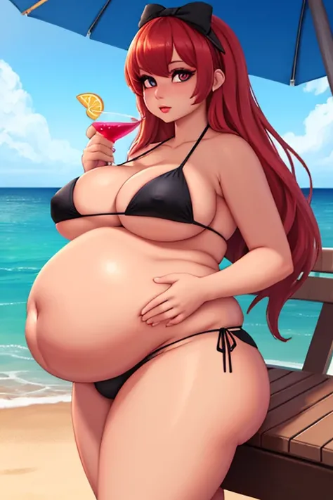 8K, cru, best qualityer, work of art, ultra high resolution, colorfully, extremely detailed eye and face, beautiful detailed eyes, chubby woman in bikini holding a cocktail,overwhelmingly large belly,pregnant belly,at beach