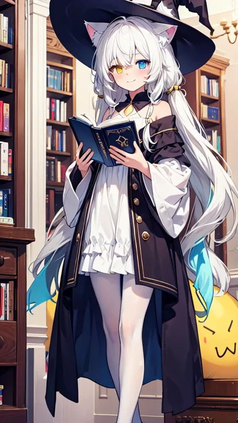 White hair，Cat ear（In the hat），Long hair，Heterochromia(Left blue right yellow)，Smile，Female face，There are bright spots in the eyes，Female hands，White little hands，Normal fingers，flat chest，Witch costume，White pantyhose，In the room，Holding a magic book